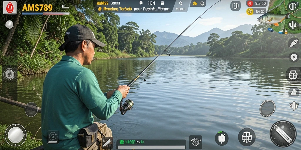 Screenshot AMS789 menunjukkan aksi memancing yang menegangkan dan panorama bawah air yang indah.