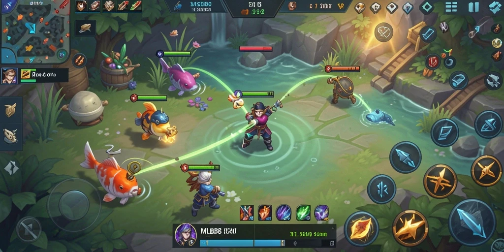 Tampilan gameplay seru dalam MLBB8 saat memancing di danau.