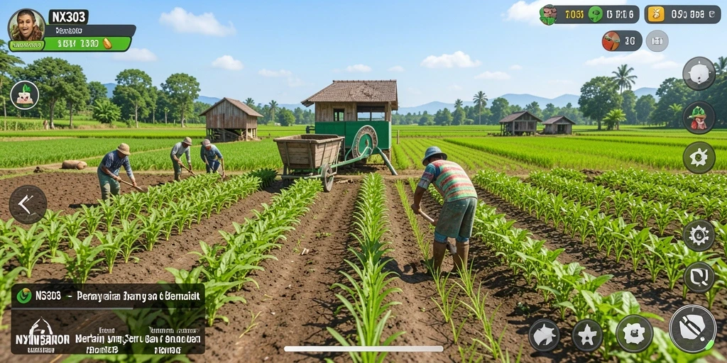 Tangkapan layar gameplay NX303 dengan suasana bertani yang menenangkan.