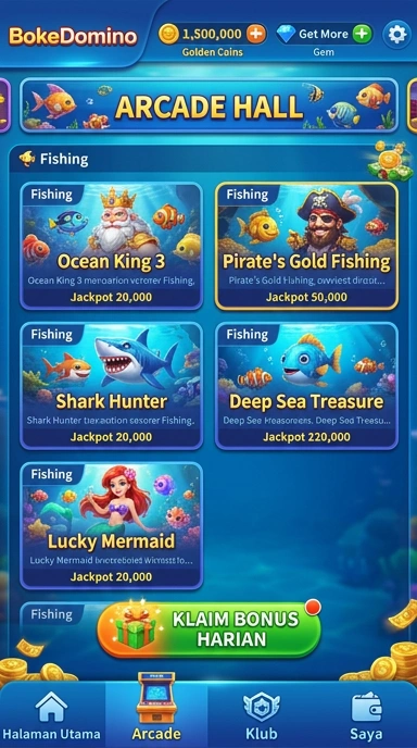 Screenshot aplikasi bokedomino menunjukkan berbagai pilihan game yang seru.